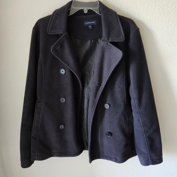 Lands End Black Peacoat Fleece Jacket Size M Preppy Minimalist Goth Classic - Picture 1 of 8